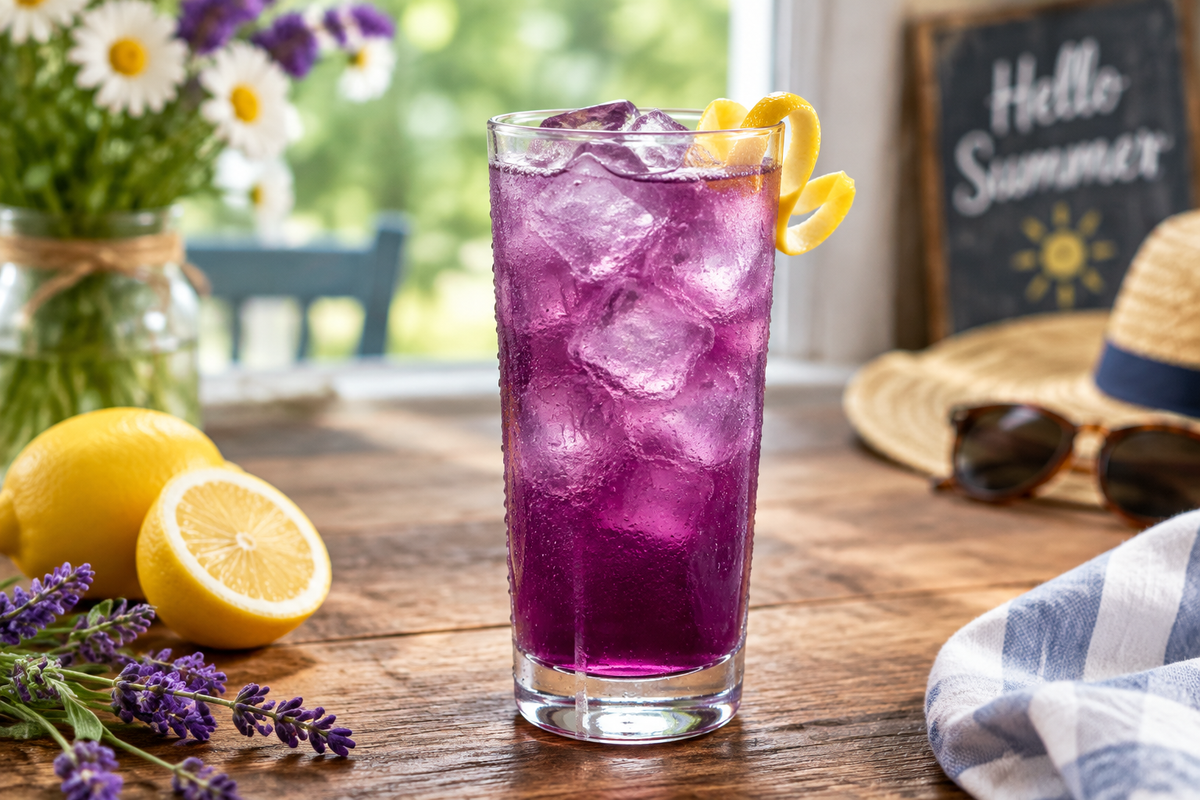 Purple People Eater mocktail in a tall glass with lemon twist garnish on rustic table