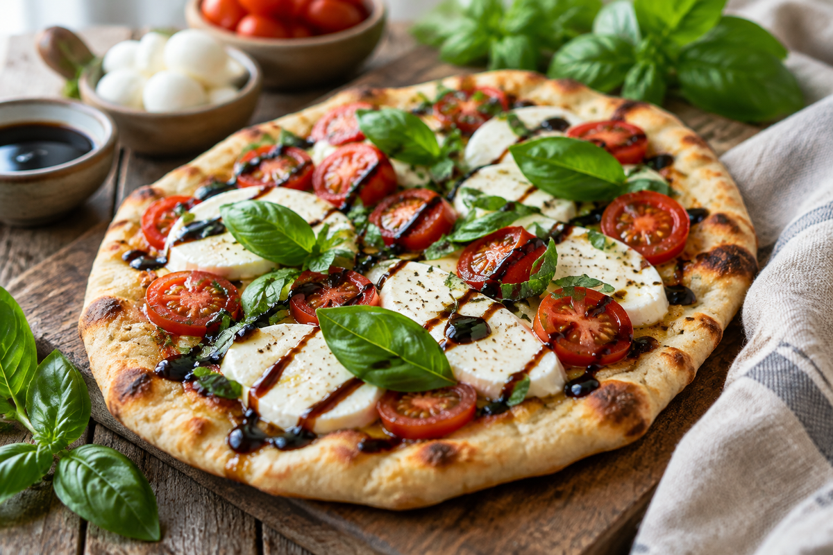 Quick caprese naan pizza topped with fresh mozzarella, basil, and balsamic glaze