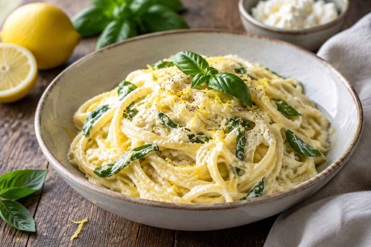 Creamy lemon ricotta pasta served in a bowl with fresh basil and lemon zest garnish