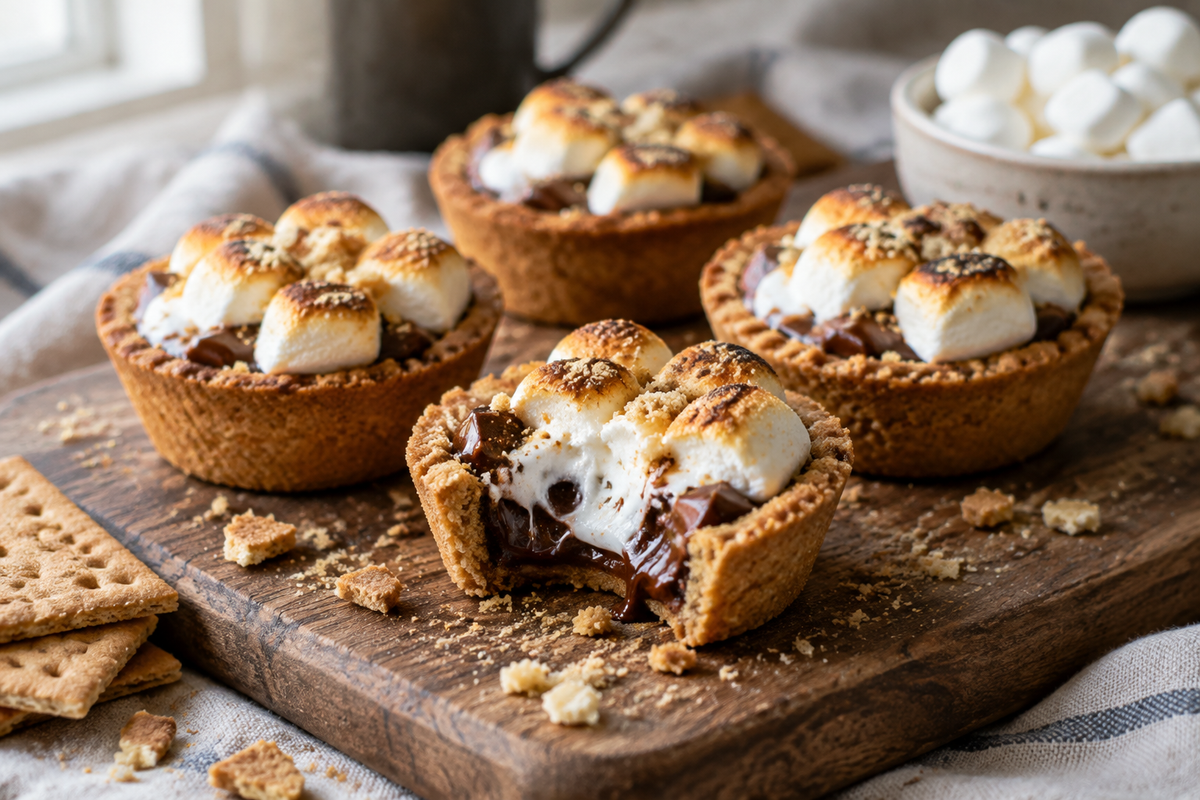Five minute mini s'mores pies with melted marshmallow and chocolate on rustic board