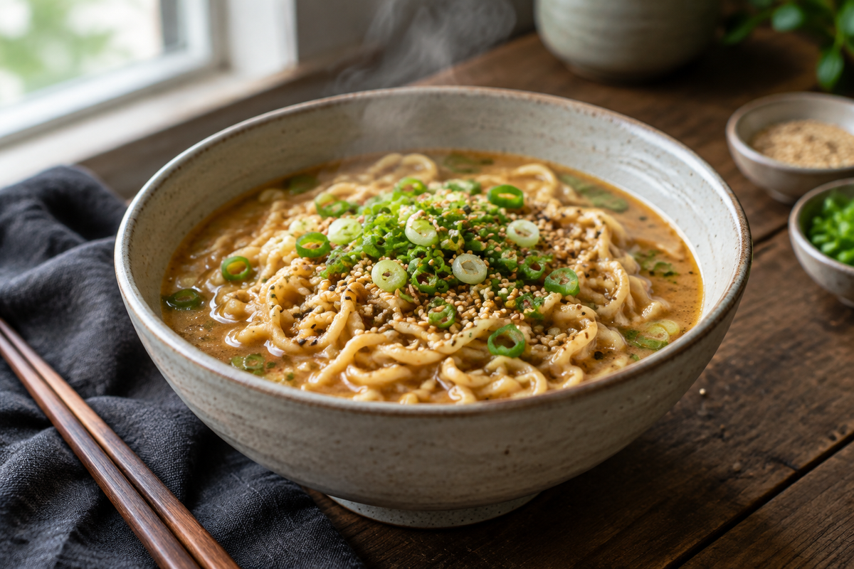 Bowl of sesame garlic ramen noodles garnished with scallions and sesame seeds