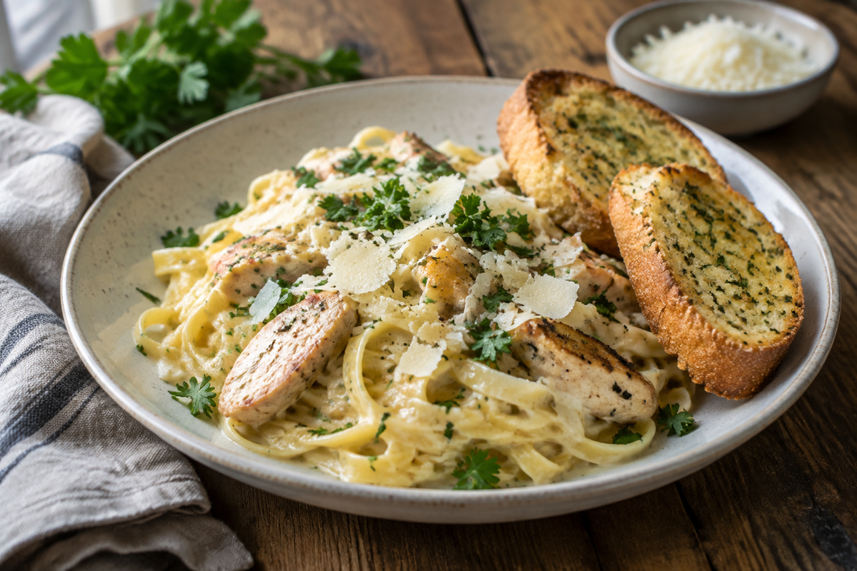Creamy chicken alfredo pasta with crispy garlic bread on a rustic table, featuring creamy chicken alfredo