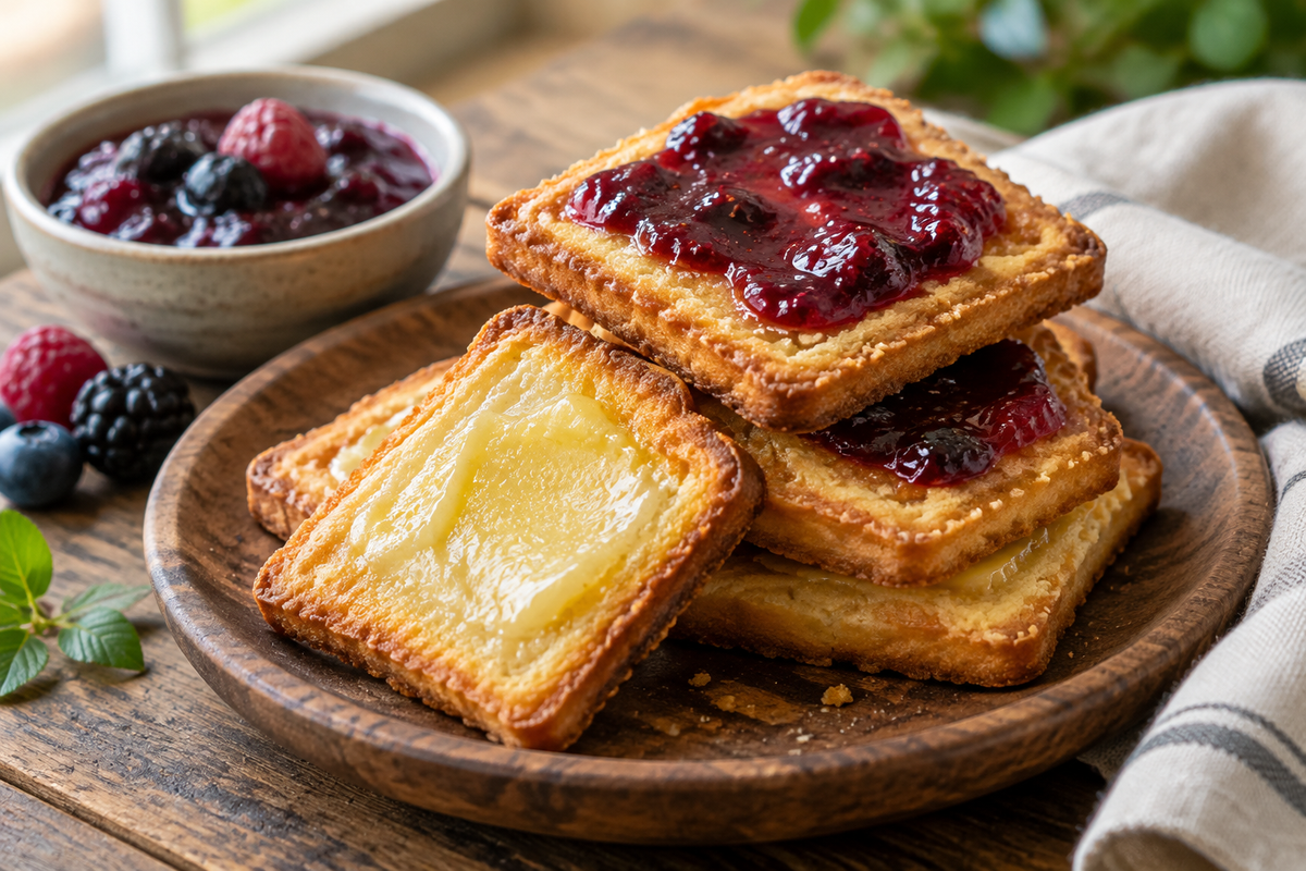 Crispy jam and buttered toast cookies stacked on a rustic plate with glossy jam and buttery texture