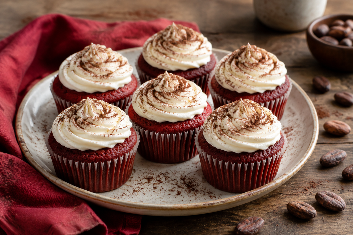 Plate of quick & easy red velvet cupcakes with creamy frosting and cocoa powder garnish