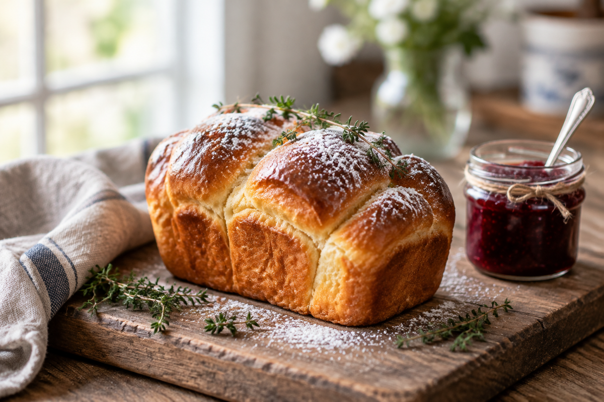 Freshly baked mini brioche loaf with powdered sugar and thyme garnish, soft and golden crust