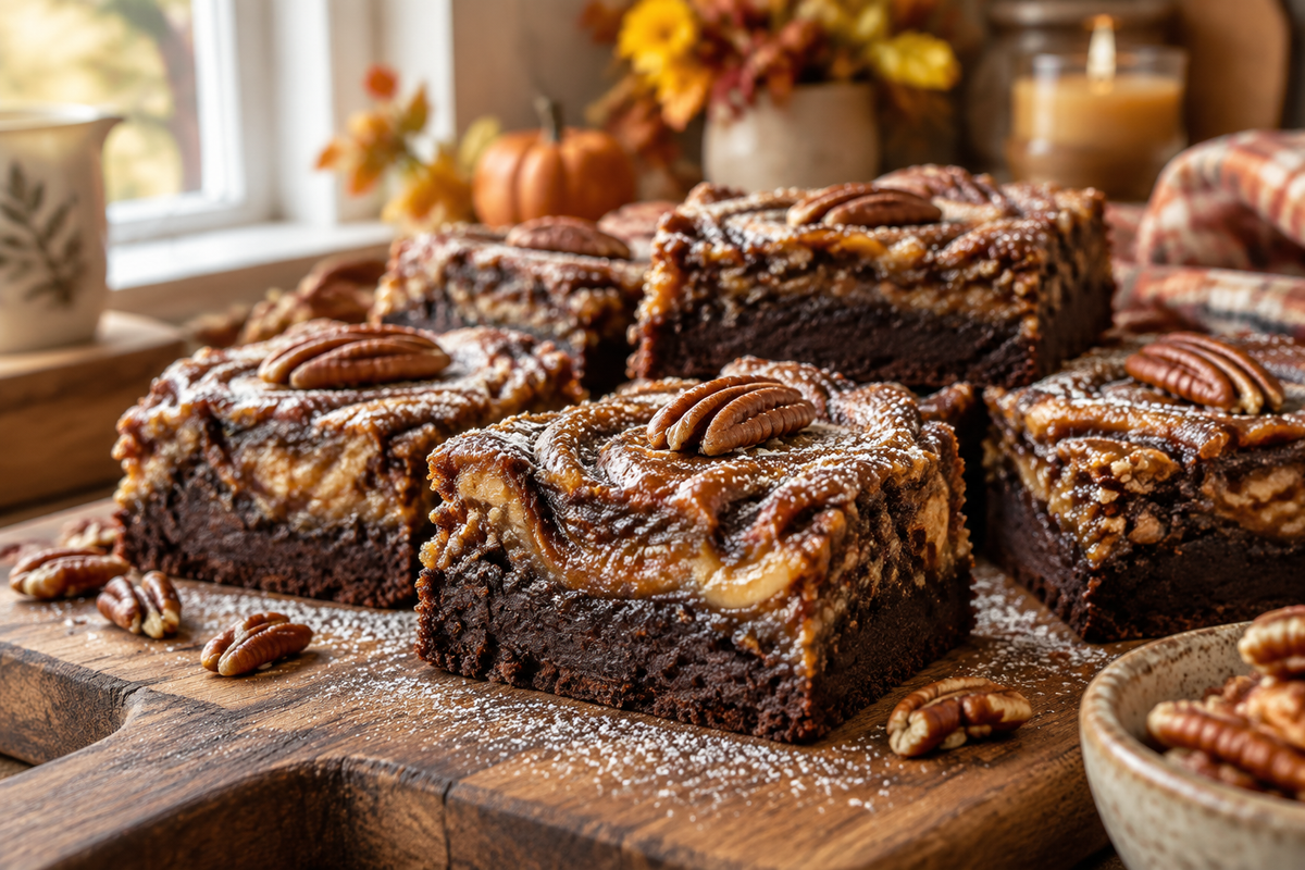Freshly baked pecan pie brownie bars with glossy pecan topping and brownie swirl, pecan pie brownie bars