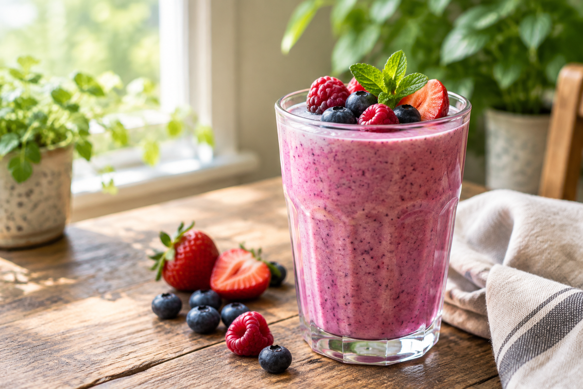 Quick smoothies in a glass topped with fresh berries and mint, showcasing a vibrant and healthy breakfast option