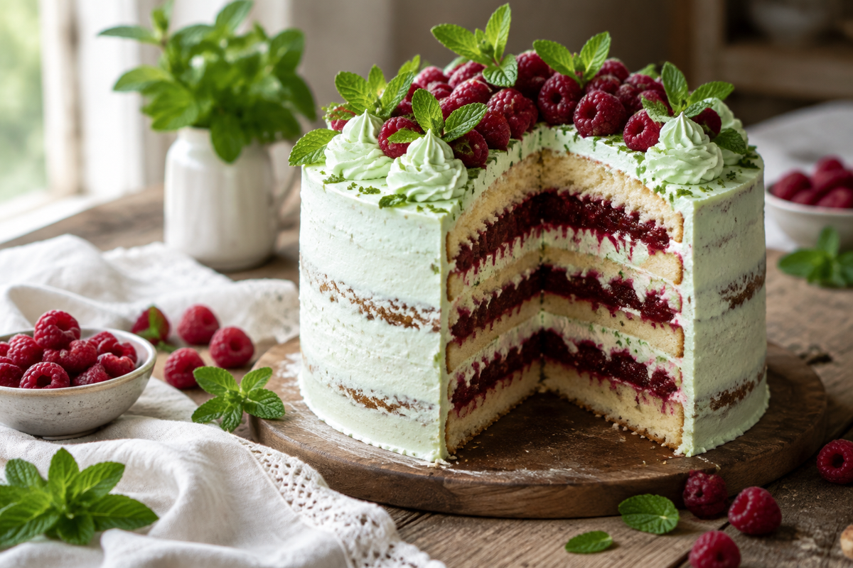 Delicious raspberry mint cake with fresh raspberry and mint filling on wooden table