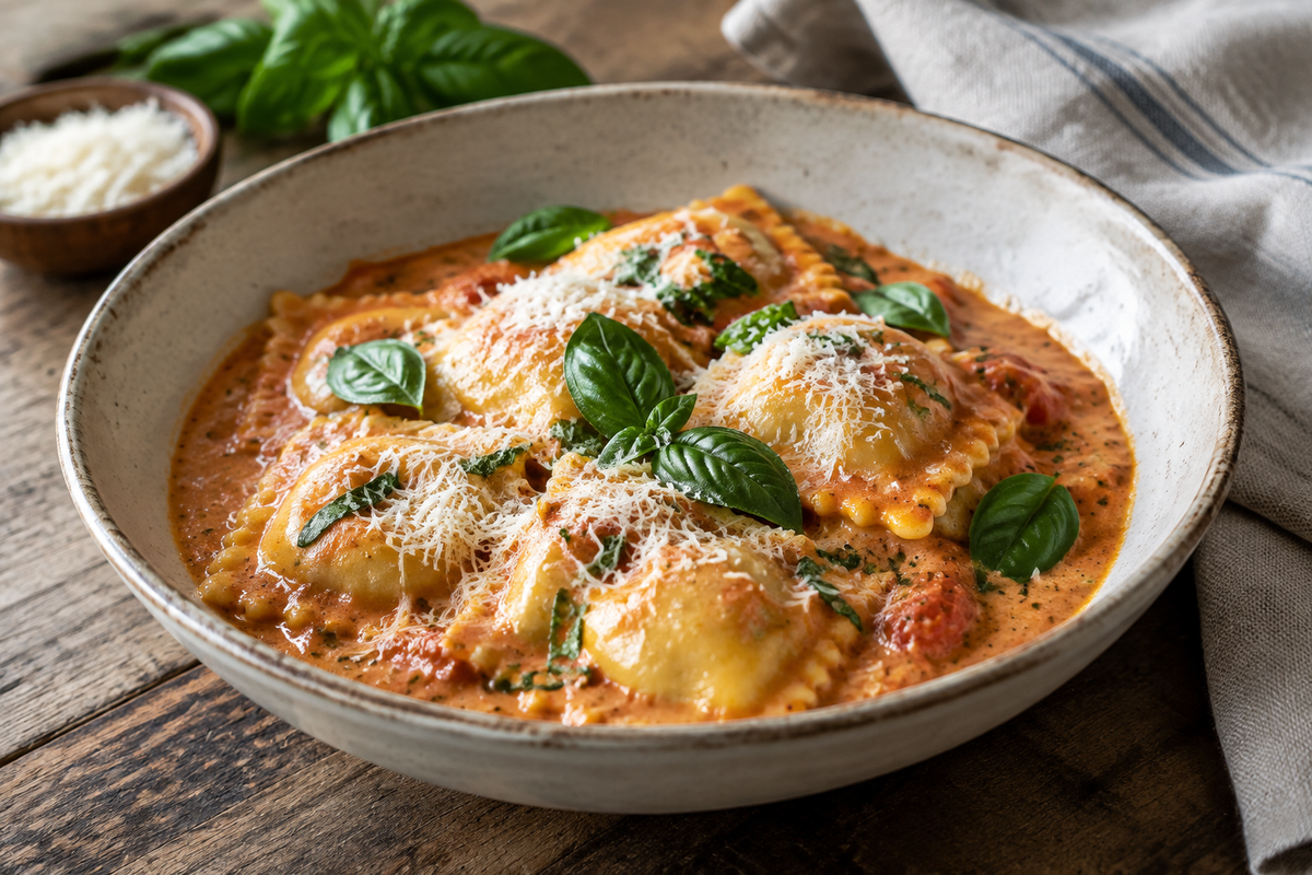Plated ravioli with creamy tomato basil ravioli sauce garnished with fresh basil and Parmesan