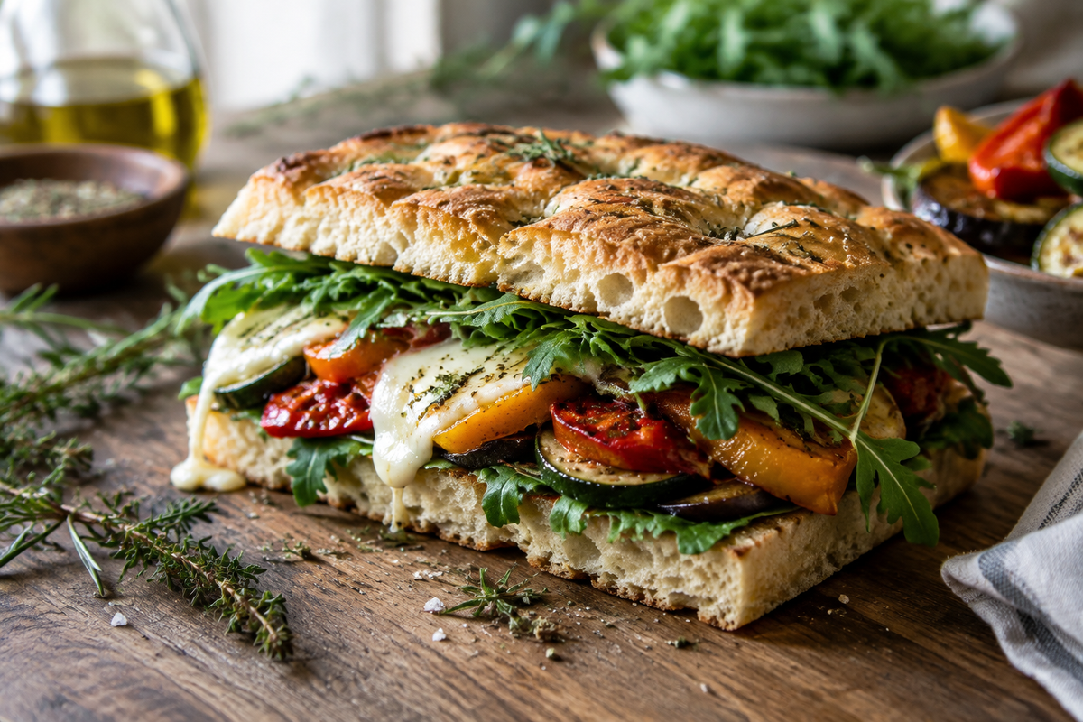 Delicious sandwich made with recipes using focaccia bread filled with fresh vegetables and cheese