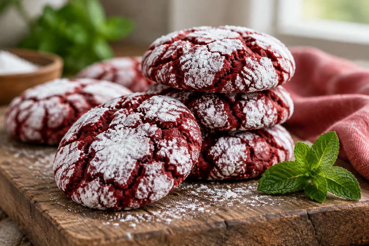 Close-up of fudgy red velvet crinkle cookies coated in powdered sugar on a rustic wooden board