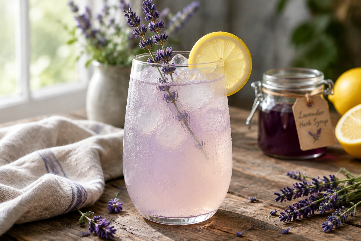Refreshing lavender lemonade recipe served in a glass with fresh lavender and lemon garnish
