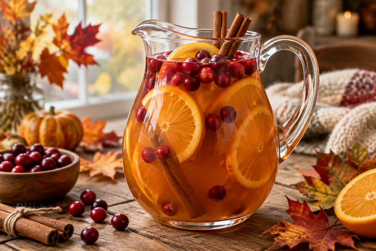Glass pitcher of non alcoholic fall punch garnished with cinnamon sticks and orange slices
