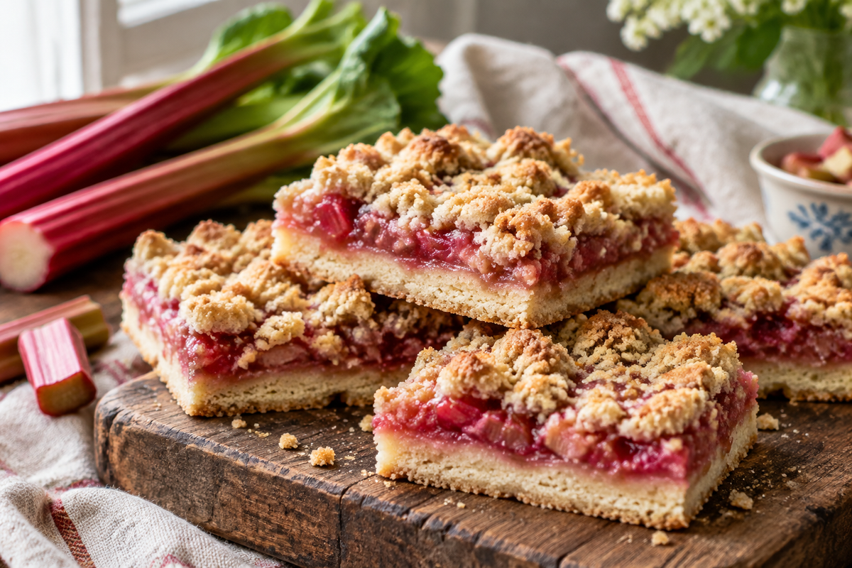 Rhubarb shortbread bars with crumbly streusel topping and vibrant pink rhubarb filling on rustic board