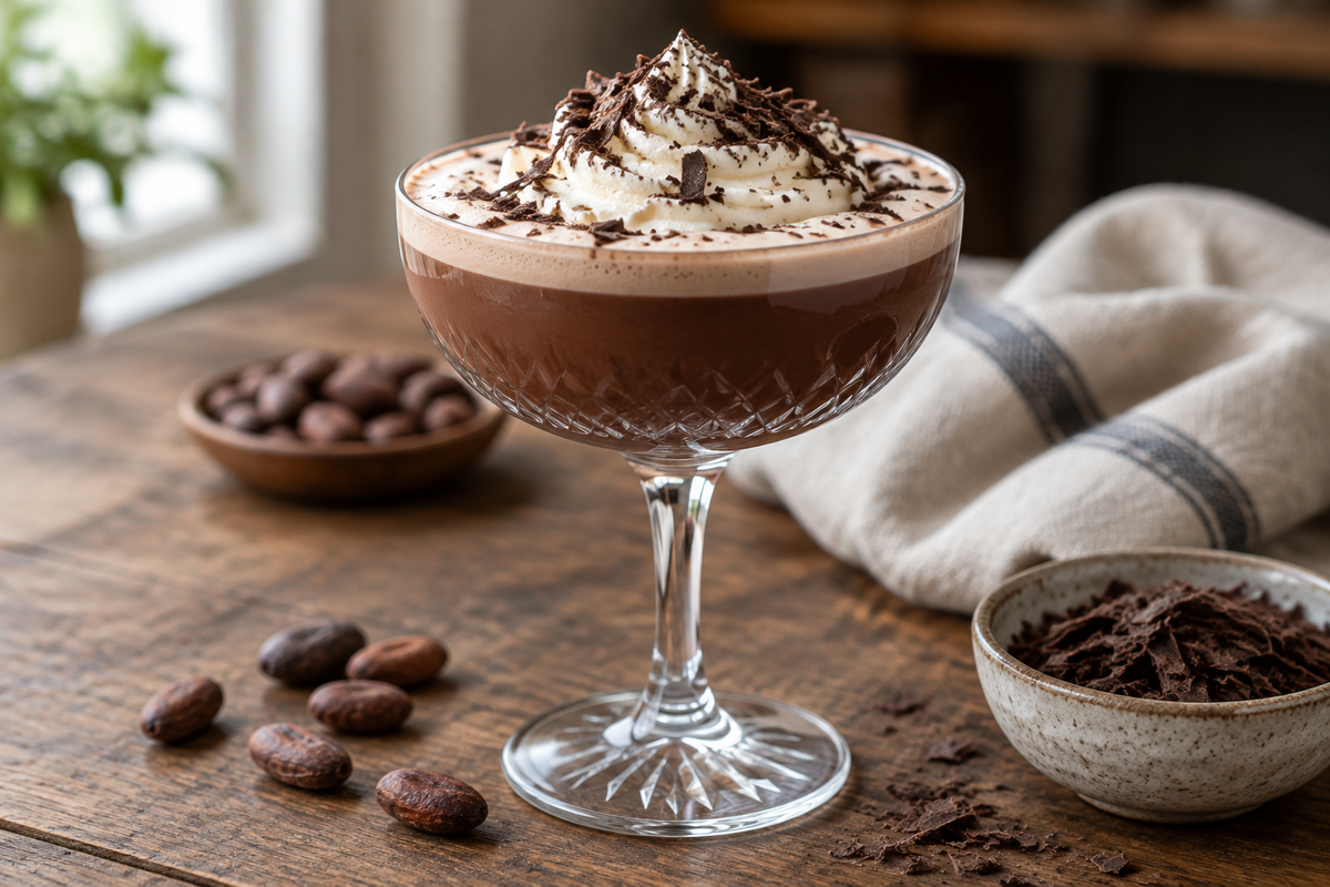 Rich and creamy chocolate cocktails in a glass with whipped cream and chocolate shavings, showcasing chocolate cocktails