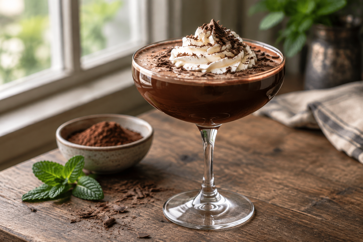 Rich and creamy chocolate cocktails in coupe glasses garnished with whipped cream and chocolate shavings