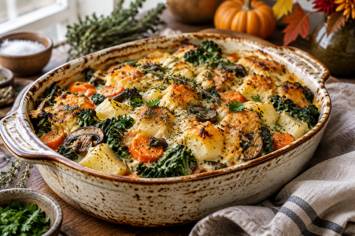 Rich winter vegetable casserole with carrots, potatoes, kale, and mushrooms in a rustic dish, garnished with herbs