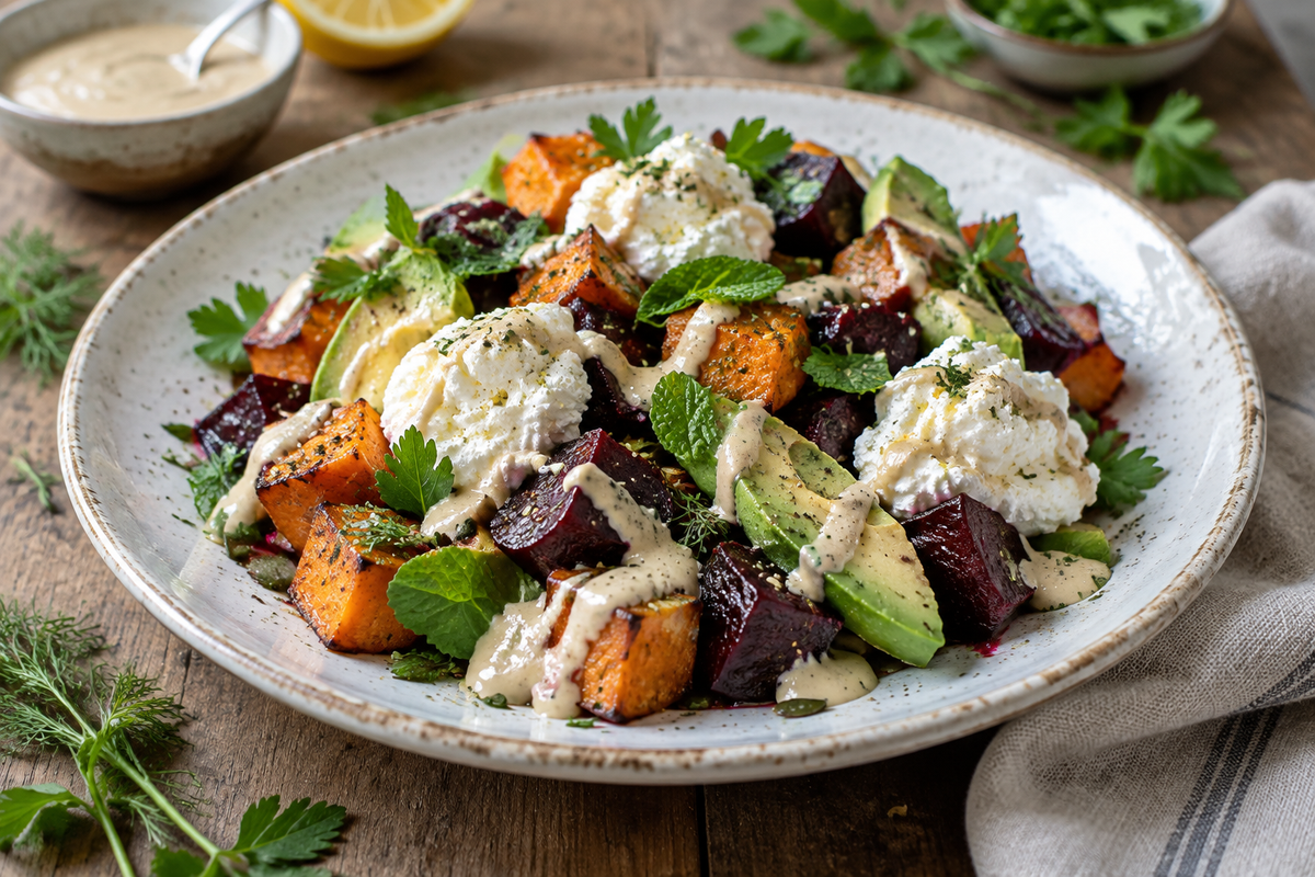 Roasted beet salad with sweet potato, avocado, whipped ricotta, and lemon-tahini drizzle