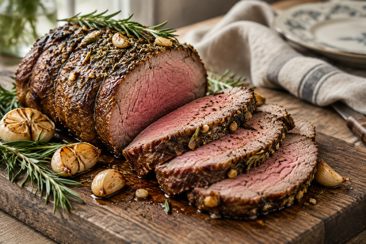Sliced rosemary garlic roast beef with fresh rosemary garnish on wooden board