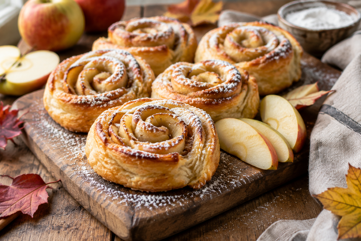 Golden brown roulés feuilletés aux pommes apple puff pastry rolls dusted with powdered sugar
