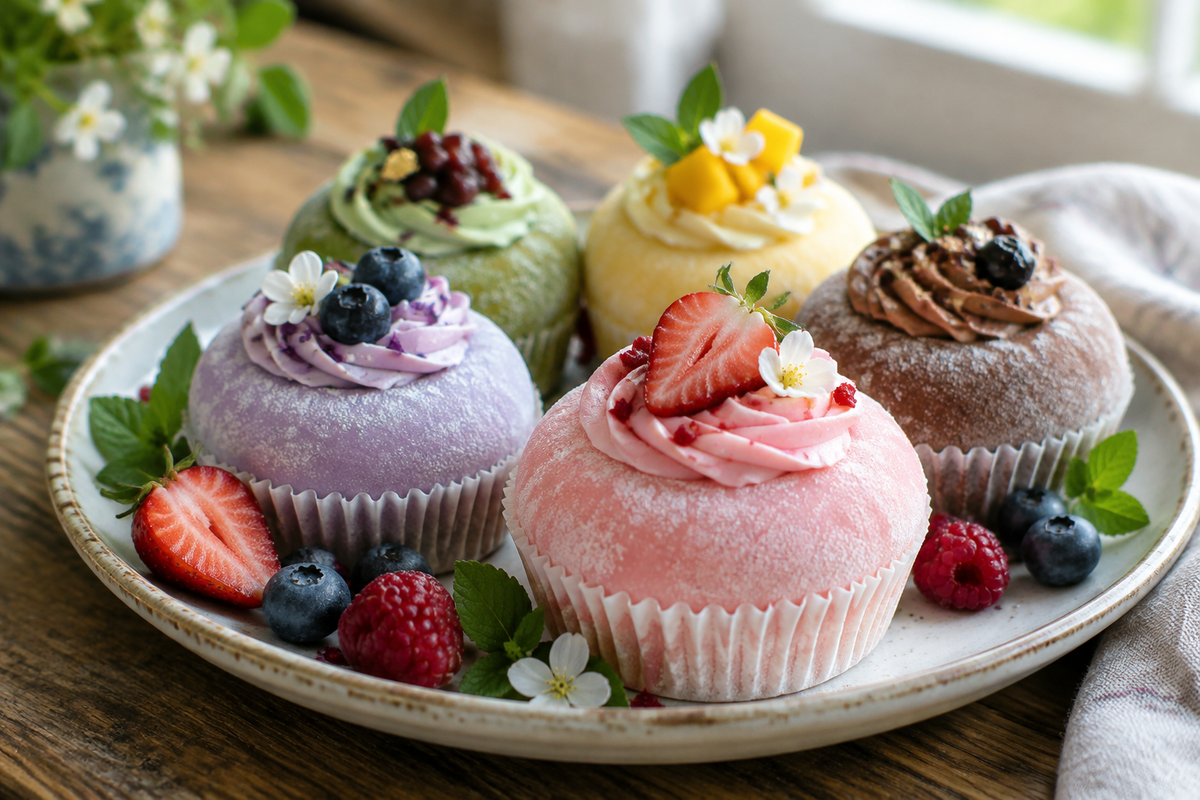 Close-up of colorful bento cakes mochi cupcakes highlighting soft texture and pastel frosting