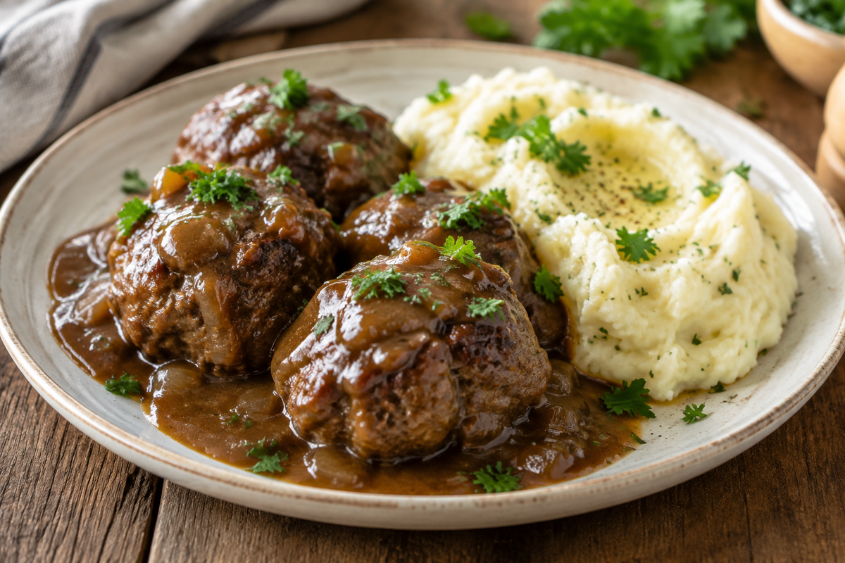 Salisbury steak meatballs served with garlic herb mashed potatoes on a rustic plate, garnished with parsley