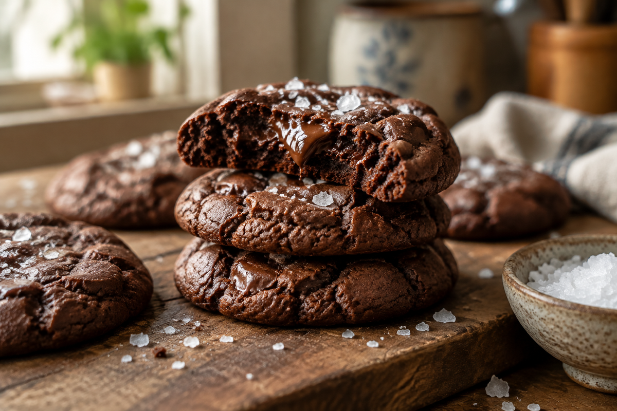 Salted brownie cookies with gooey centers and flaky sea salt on rustic board, salted brownie cookies