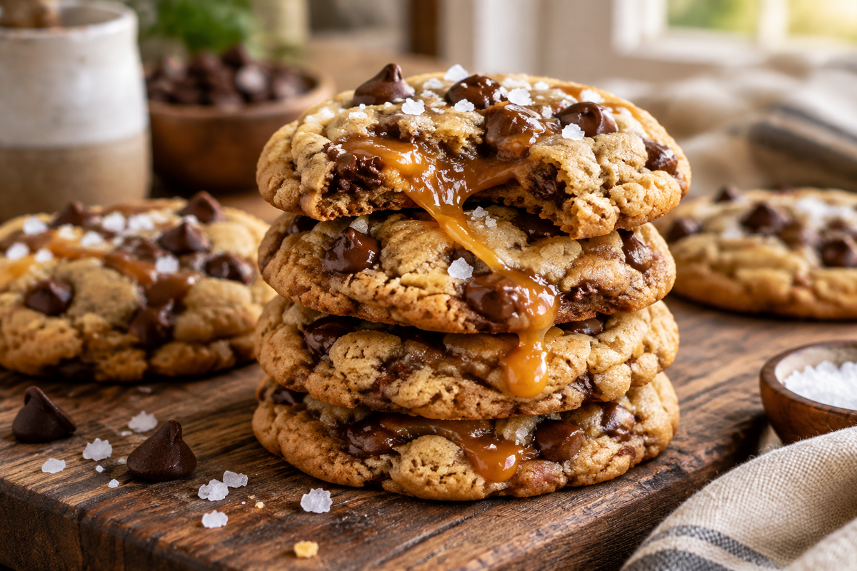 Salted caramel chocolate chip cookies stacked on rustic board with gooey caramel and sea salt flakes