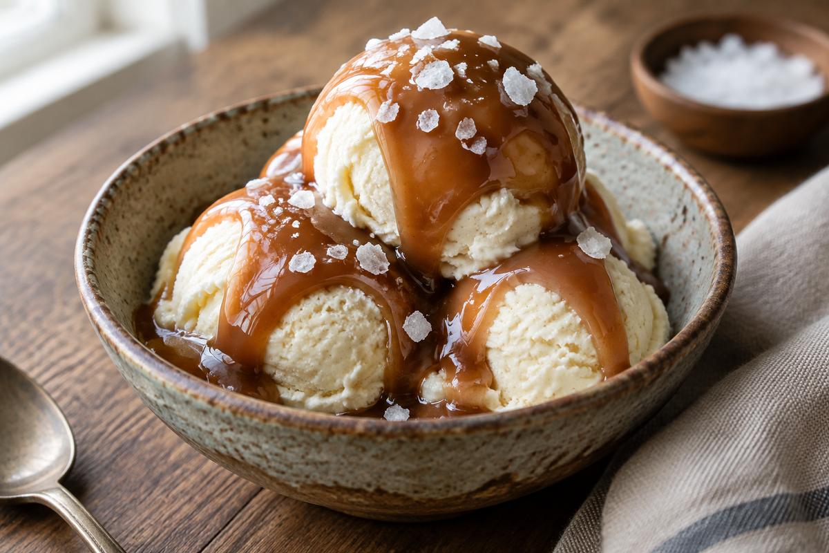 Rich salted caramel sauce drizzled over vanilla ice cream with sea salt flakes