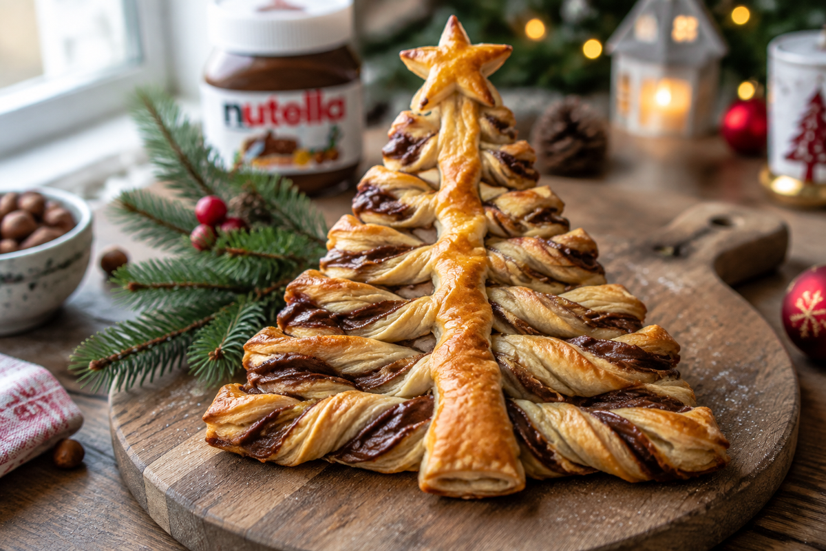 Golden sapin de Noël feuilleté pastry filled with Nutella on rustic board with pine garnish