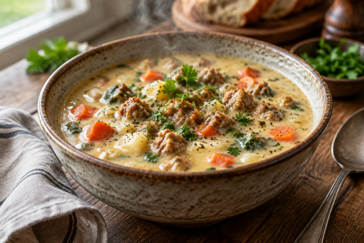 Hearty sausage soup in a rustic bowl garnished with fresh parsley and black pepper