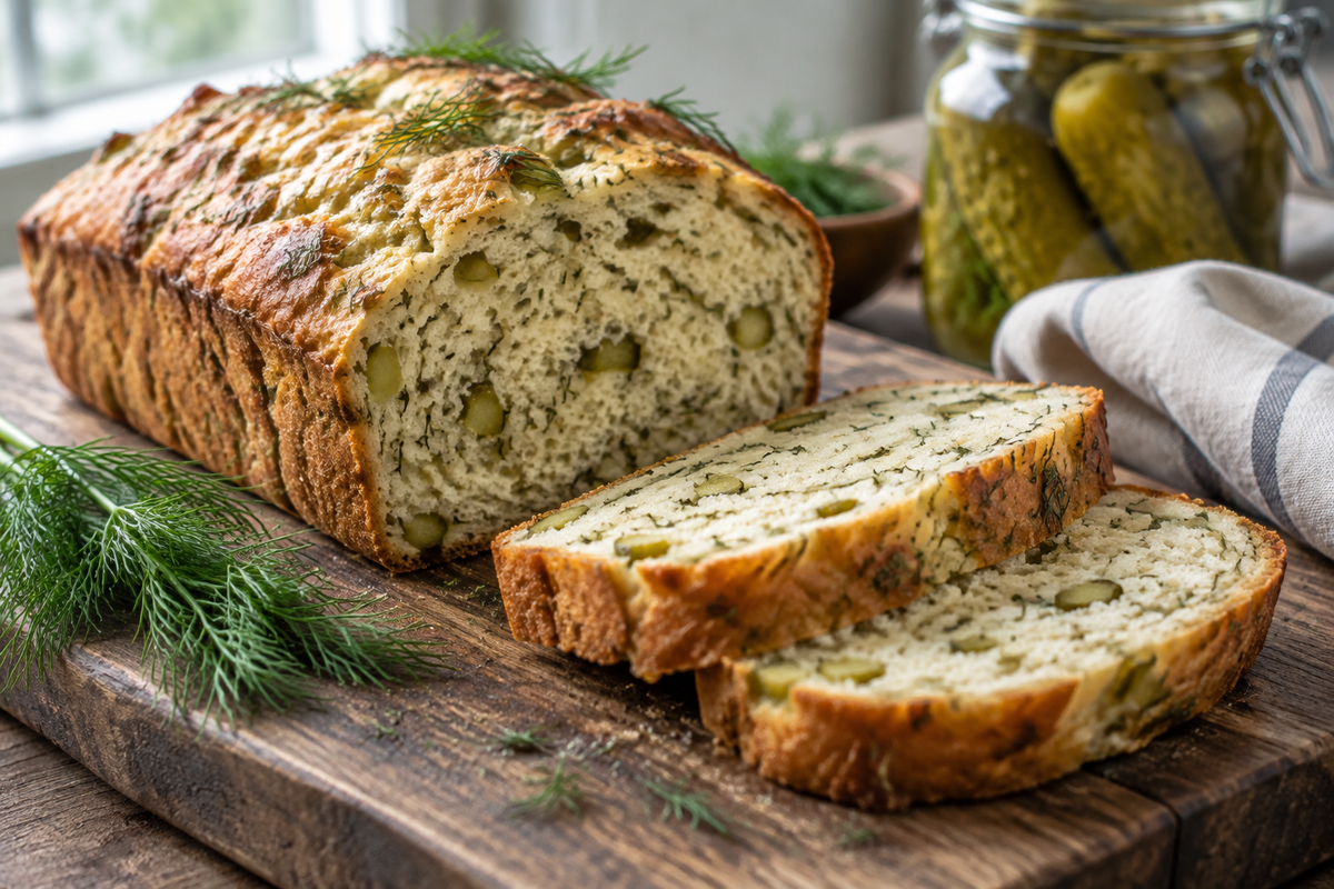 Freshly baked savory dill pickle bread with dill garnish and visible pickle bits