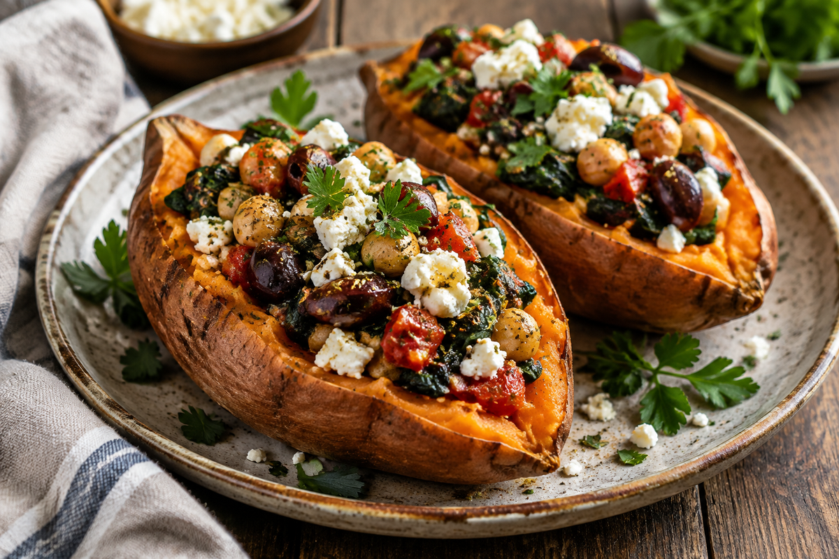 Savory Mediterranean stuffed sweet potatoes garnished with parsley and feta cheese on a rustic plate