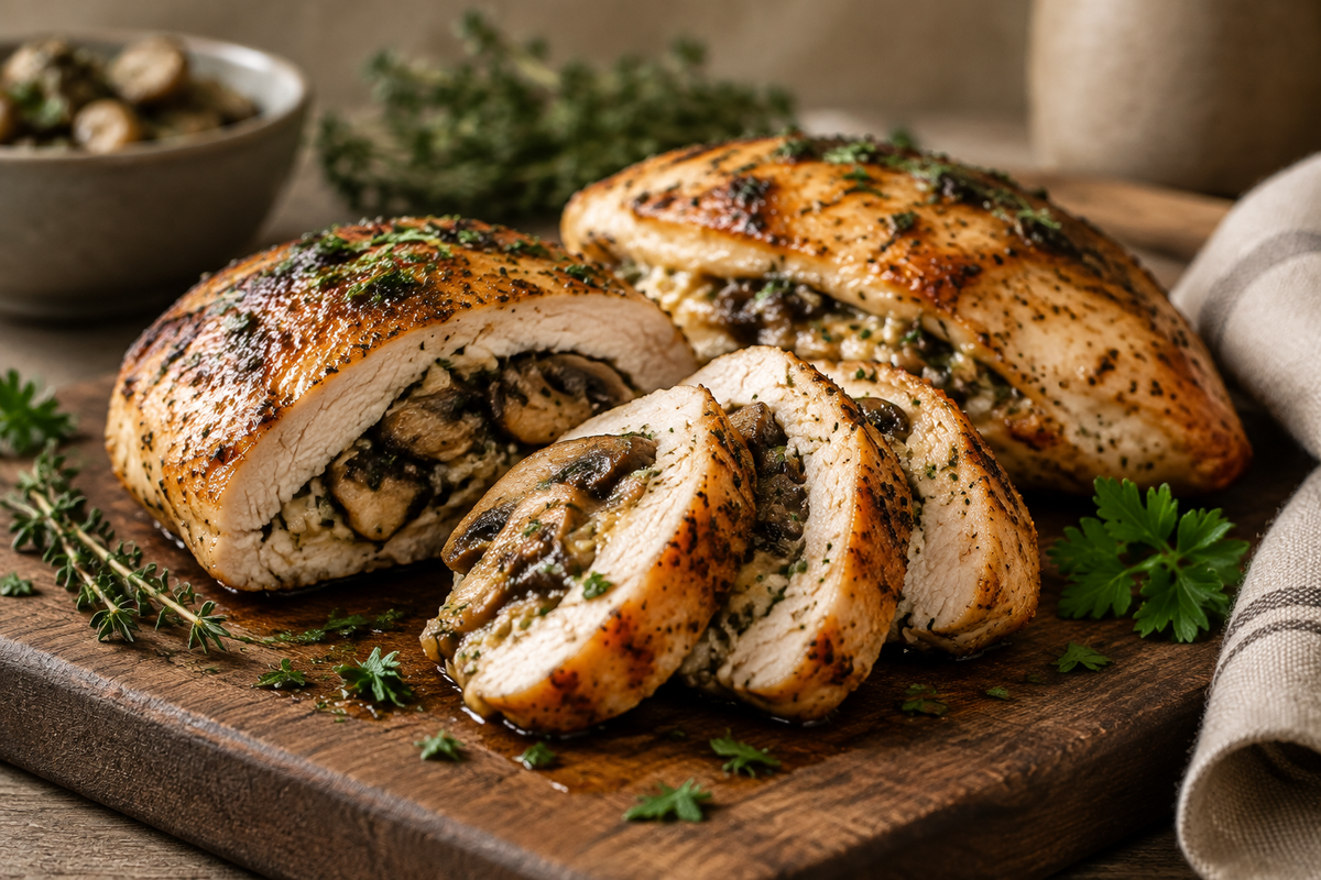 Close-up of savory mushroom-stuffed chicken breasts with herbs, showcasing the filling and golden crust