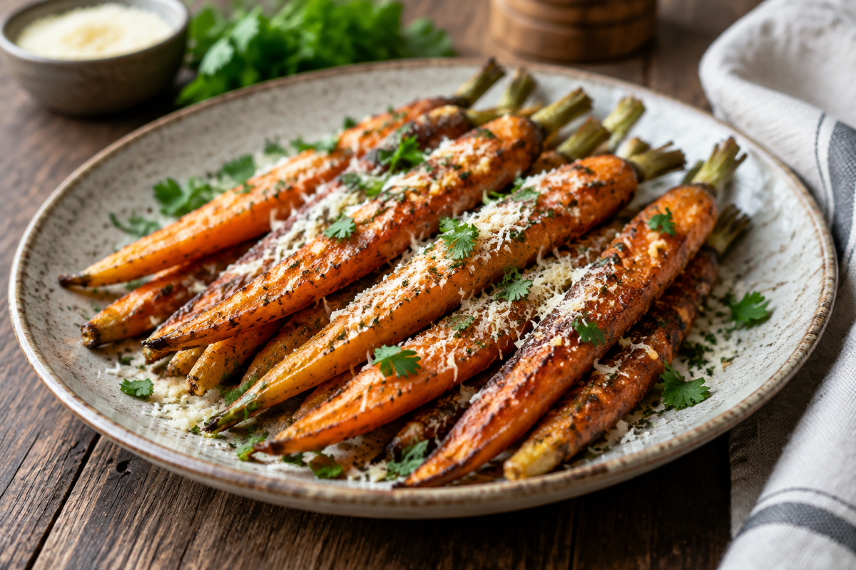 Savory parmesan garlic roasted carrots garnished with fresh parsley and parmesan cheese