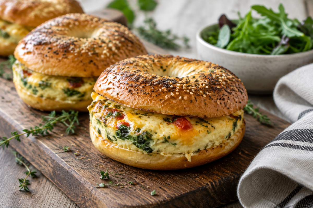 Savory quiche stuffed bagels on a wooden board with herbs and melted cheese, perfect for breakfast or brunch