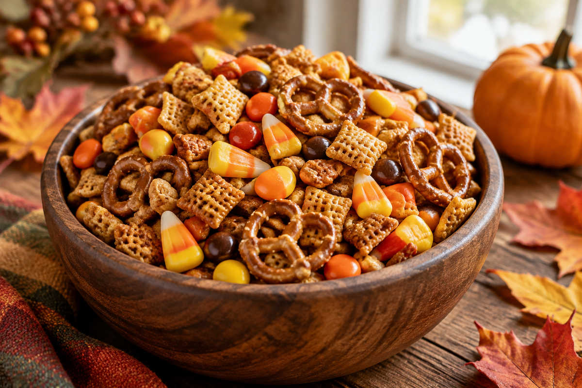 Scarecrow Crunch Snack Mix with candy corn and pretzels in a rustic bowl, perfect Halloween snack mix