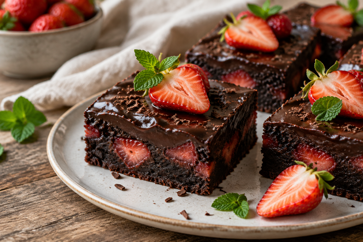 Schoko Erdbeer Brownies with rich ganache and fresh strawberries on rustic surface, schoko erdbeer brownies dessert