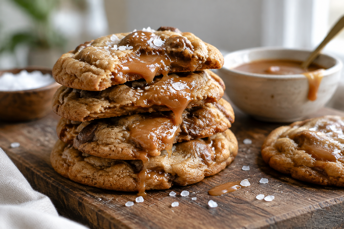 Chewy sea salt caramel cookies stacked with gooey caramel and sea salt flakes on top