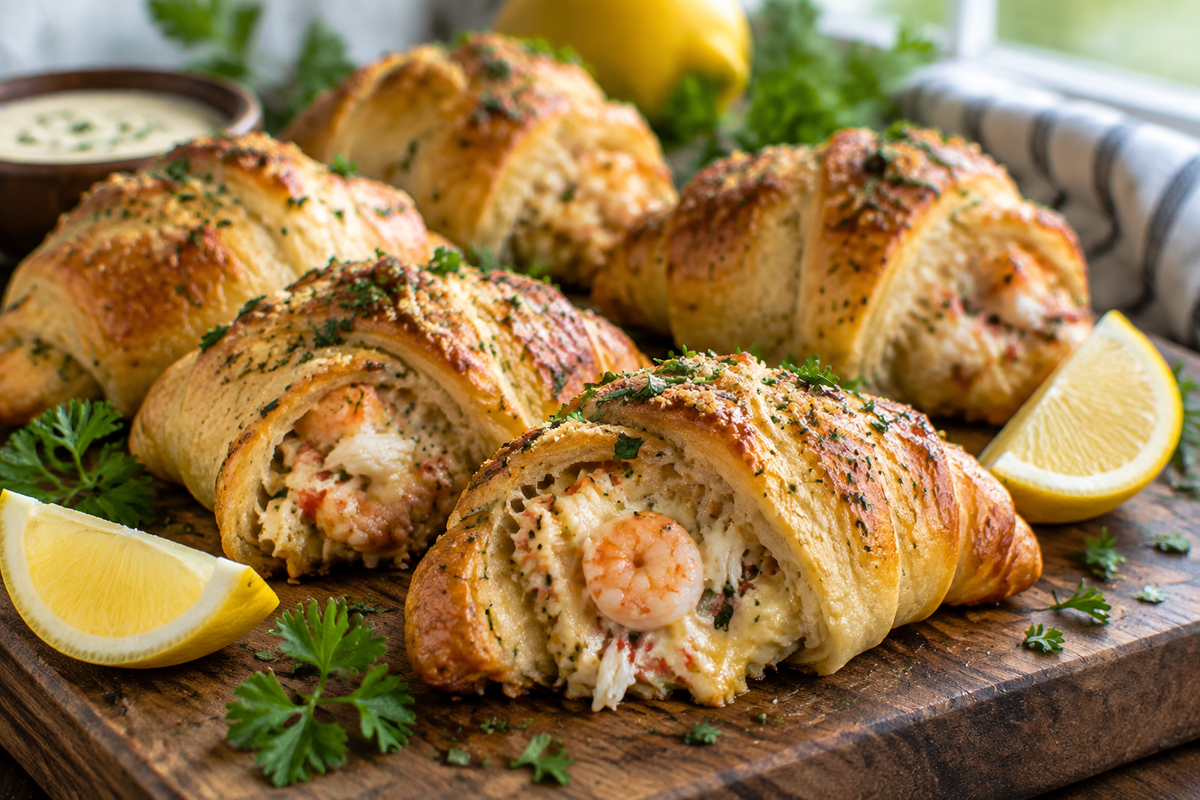 Golden shrimp crab stuffed crescent bombs garnished with parsley and lemon wedges