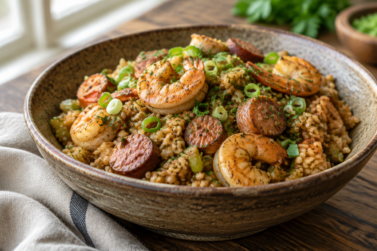 Shrimp sausage dirty rice in a bowl garnished with green onions, showcasing the shrimp sausage dirty rice dish