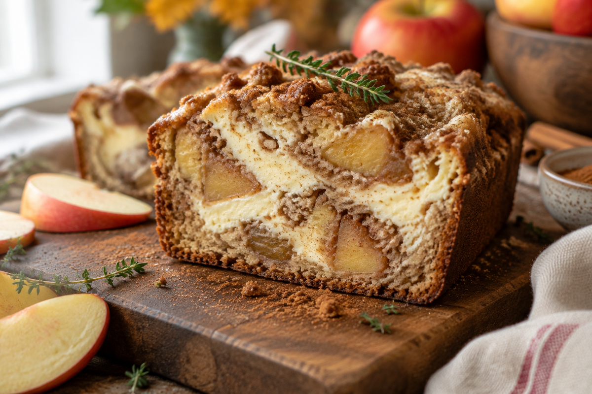 Slice of apple crisp cheesecake bread with creamy swirls and baked apple chunks