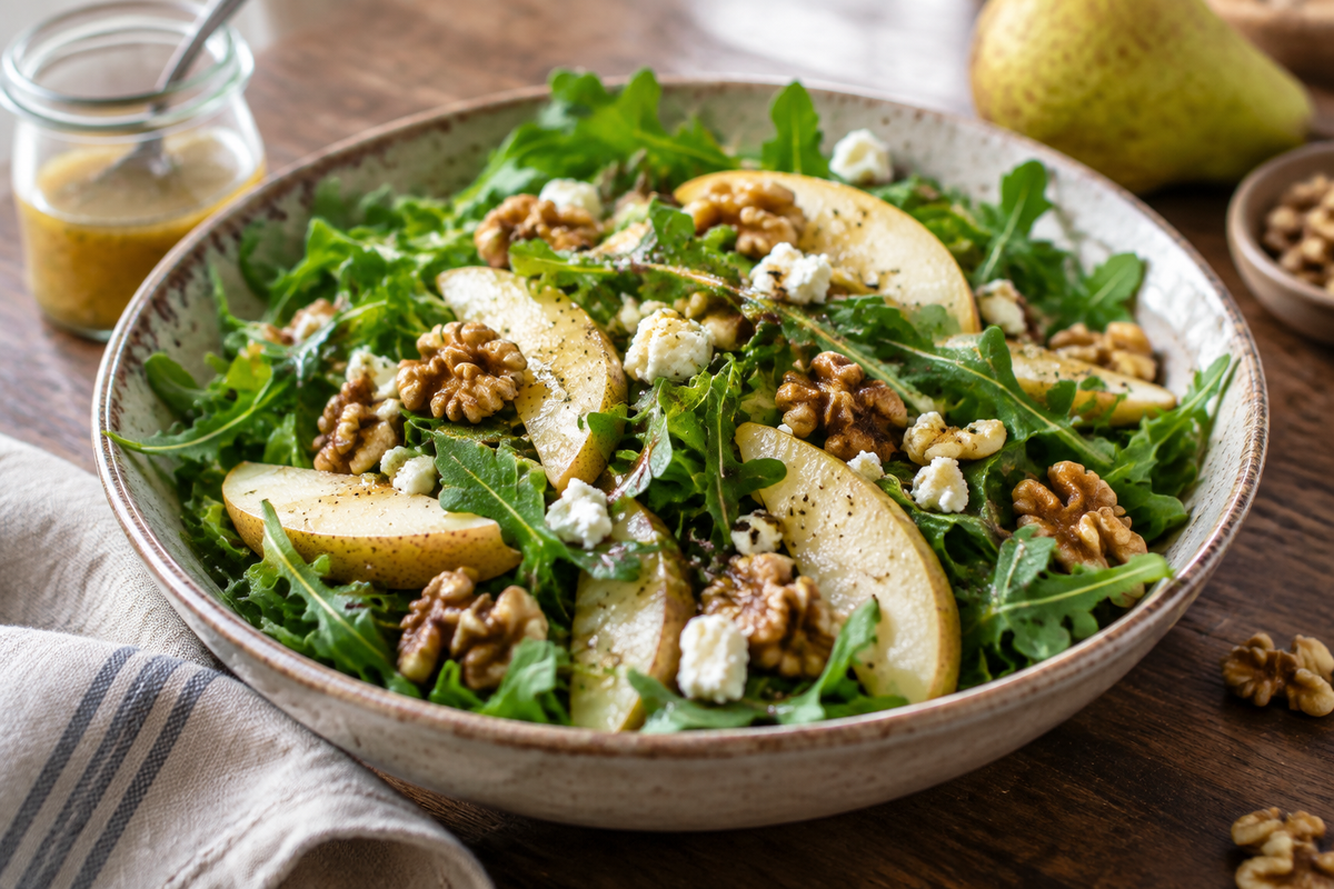 Fresh arugula pear salad with walnuts and dressing, a healthy arugula pear salad