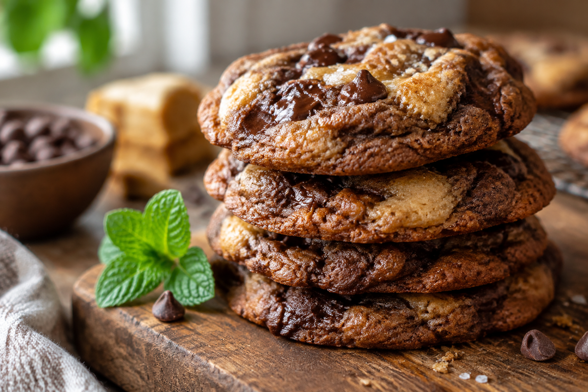 Chocolate sugar cookies with browned butter blondie twist stacked on rustic board
