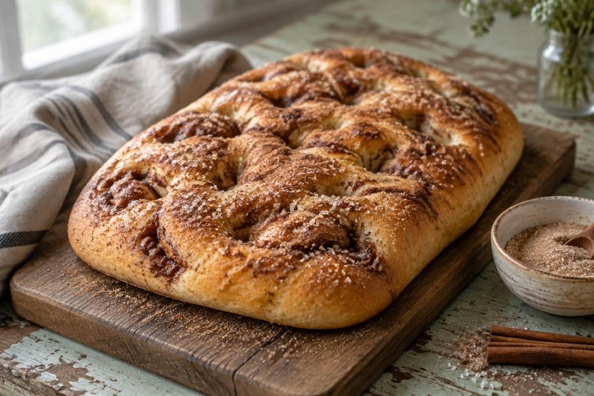 Freshly baked cinnamon focaccia topped with sugar crystals and cinnamon, showcasing cinnamon focaccia