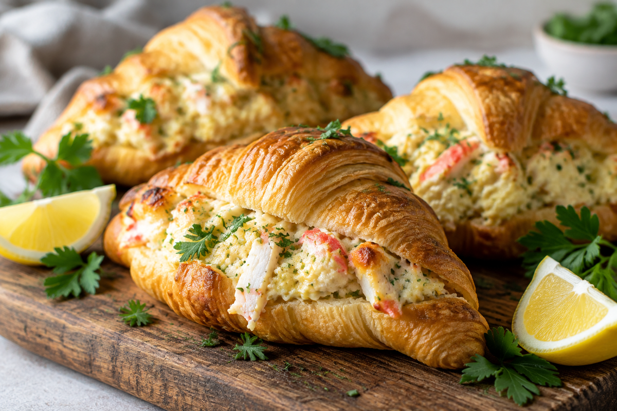 Golden flaky crab dip croissants garnished with parsley and lemon wedges, showcasing crab dip croissants