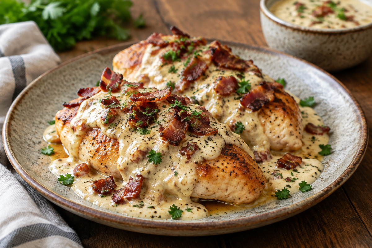 Creamy bacon chicken plated with crispy bacon and fresh parsley garnish