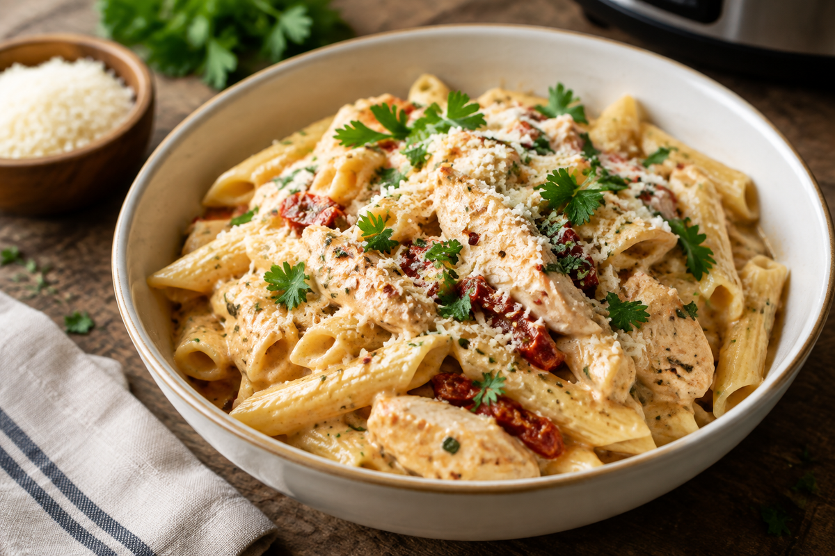 bowl of zesty italian chicken pasta made in crockpot garnished with parsley and Parmesan