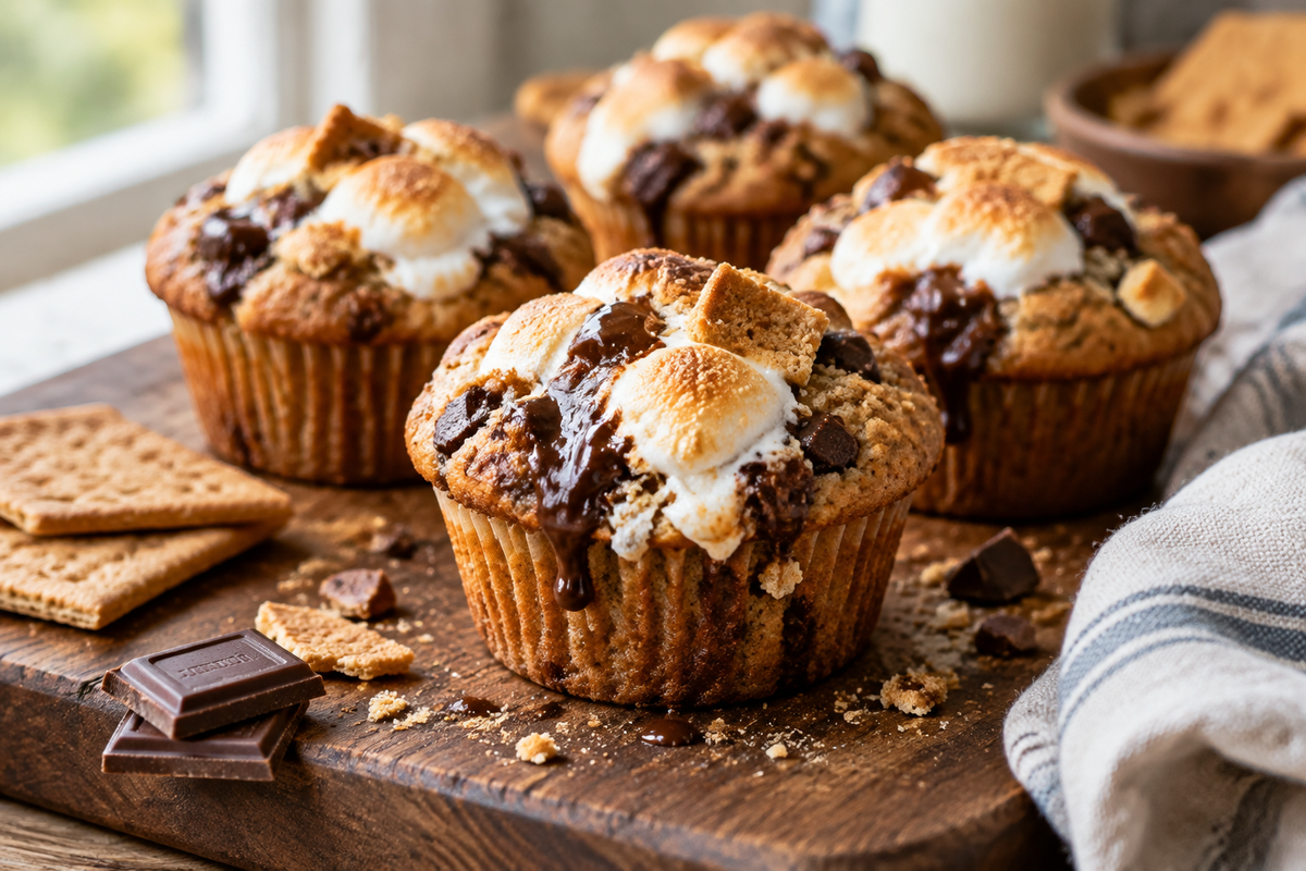 Simple irresistible s'mores muffins with melted chocolate and toasted marshmallows