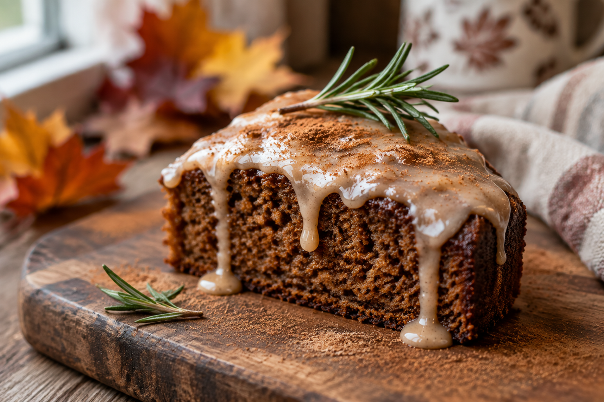 Slice of spiced gingerbread with heavenly glaze drizzled on top, garnished with cinnamon and rosemary